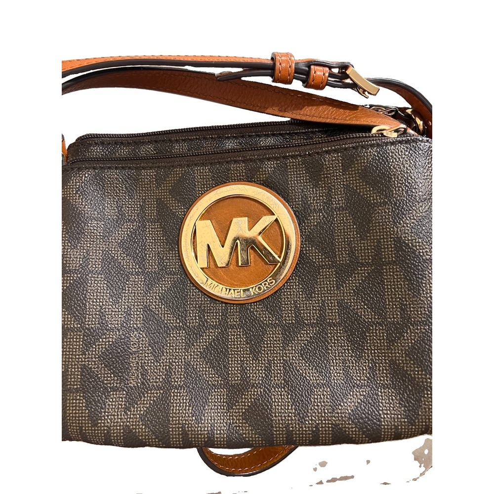 Michael Kors Brown MK Monogram Small Crossbody Bag Gold Hardware Zip Beige Lined